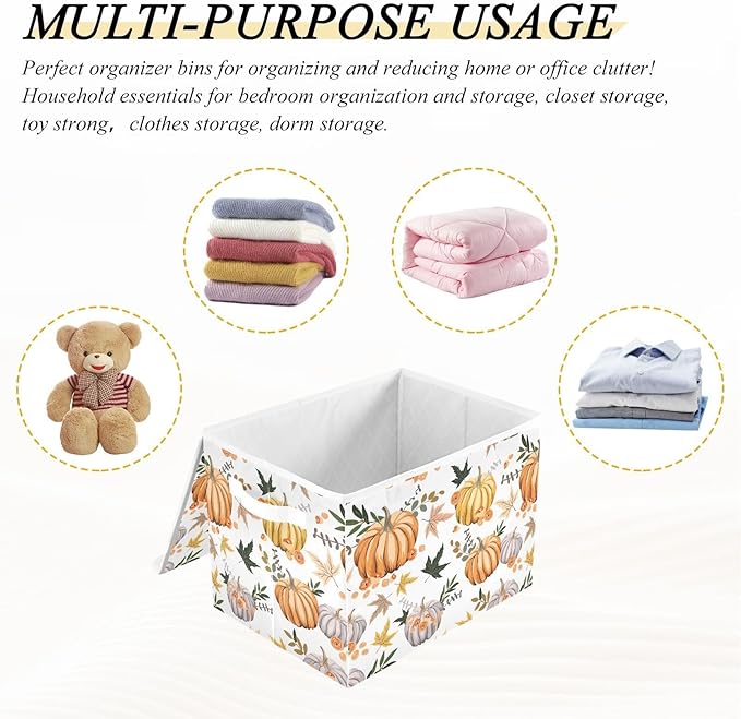 Thanksgiving Storage Baskets Collapsible Storage Bins with Lids, Pumpkins Flowers Leaves Thanksgiving Storage Boxes Clothes Baskets for Organizing