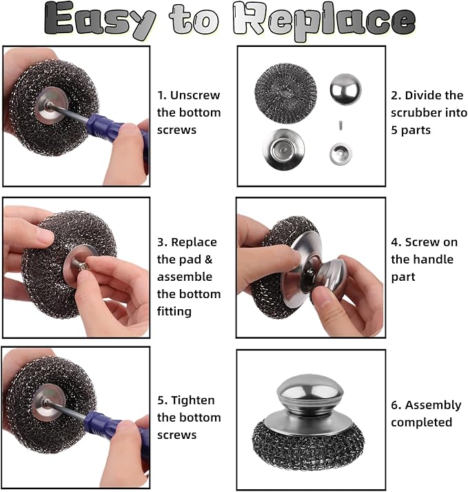 Ahasyyinan 6 Pcs Steel Wool Scrubber, Stainless Steel Scrubber Pads for Cleaning Dishes, Cast Iron, Grill, Stove, Oven, Sink, Stubborn Messes (2 Scrubber + 4 Pads)