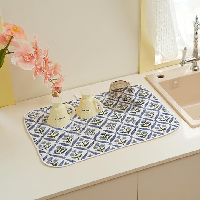 Vintage Blue Sage Green Floral Dish Drying Mat 18 x 24 Inch Block Print Floral Drying Mat for Kitchen Counter Absorbent Flowers Dishes Dry Pad for Drainer Rack Kitchen Fast Dry