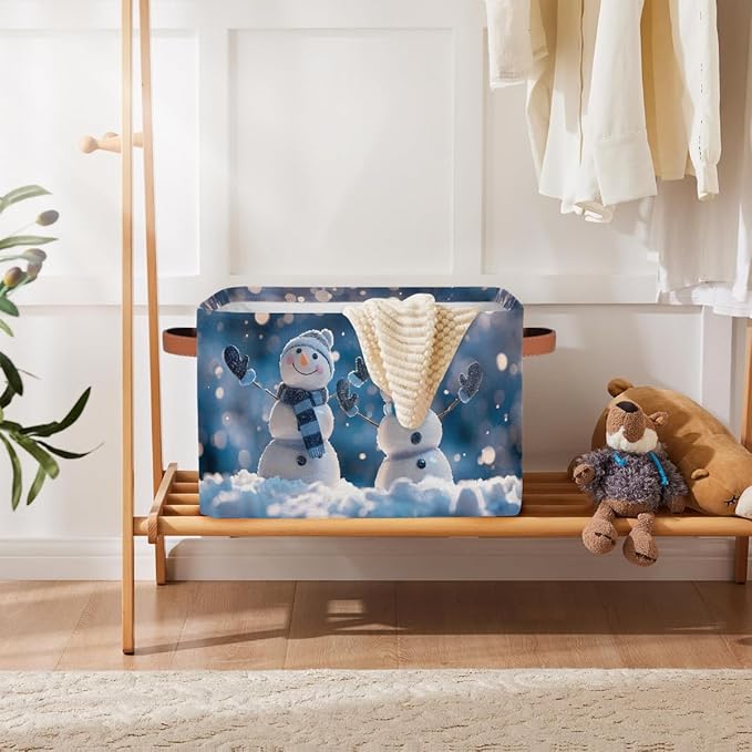 Storage Baskets Bin, Christmas Winter Snowman Collapsible Canvas Fabric Storage Bin Decorative Baskets Toy Organizer Rectangle Storage Boxes with Handles for Home Shelves Nursery, J-021