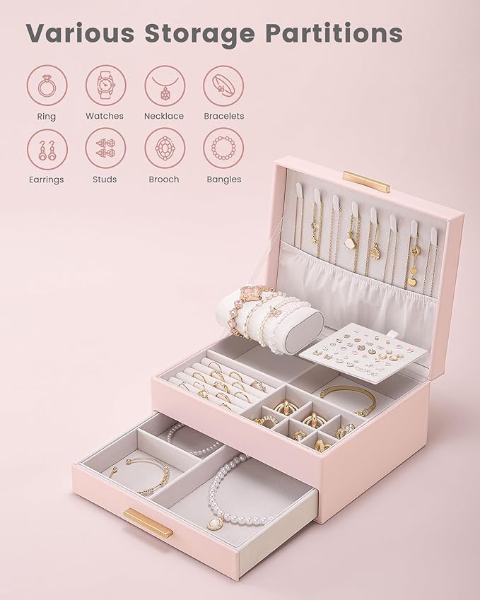 Lolalet 2-Layer Jewelry Boxes Organizer for Women Girls, Jewelry Storage Case Holder with Drawers for Necklaces Rings Earrings Bracelets Watches, Gifts Choice for Girlfriend Wife -Pink