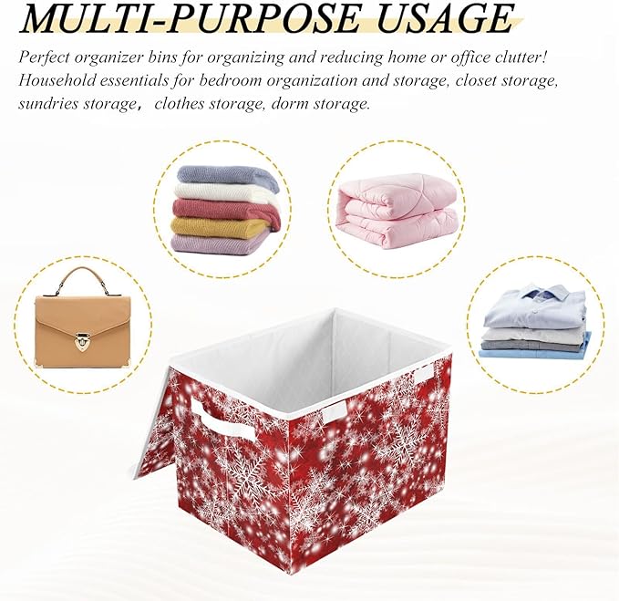 Christmas Baskets Collapsible Storage Bins with Lids, Christmas Background with Snowflakes Red Storage Boxes Clothes Baskets for Organizing