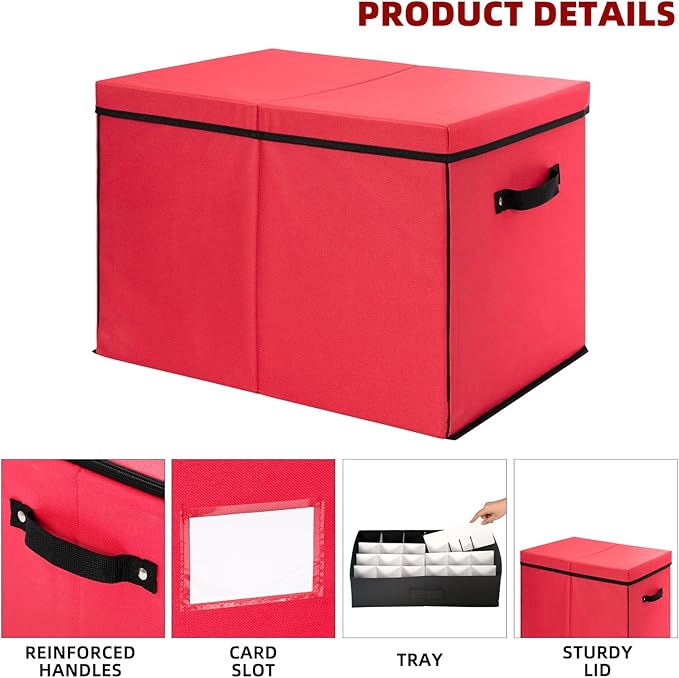 inin Christmas Ornament Storage Box with Adjustable Dividers,Stackable Drawer Ornament Organizers,Ornaments Storage Container Bin with Lid for Xmas Decorations (72 Ball, Red, with Removable Tray)