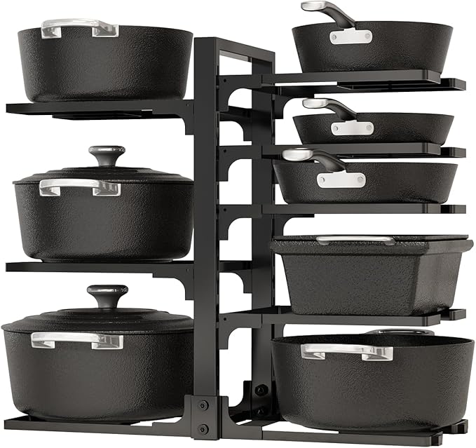 Fovkdcvw Adjustable Pots and Pans Organizer Under Cabinet, 8-Tier Pot and Pan Organizers Inside Cabinet, Kitchen Cabinet Organizers and Storage, Black