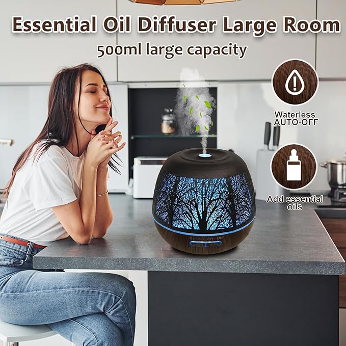 Essential Oil Diffuser for Home,500ML Aromatherapy Diffusers for Essential Oils Large Room with Cool Mist Humidifiers for Bedroom,7 Colors Changed & 3 Mist Mode Automatic Shut-Off,Tree