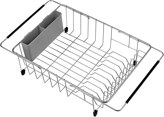 SANNO Large Expandable Dish Drying Rack Over Sink Dish Rack with Utensil Silverware Storage Holder Over The Sink Adjustable Arms Dish Drying Drainer,Stainless Steel, in Sink or On Counter