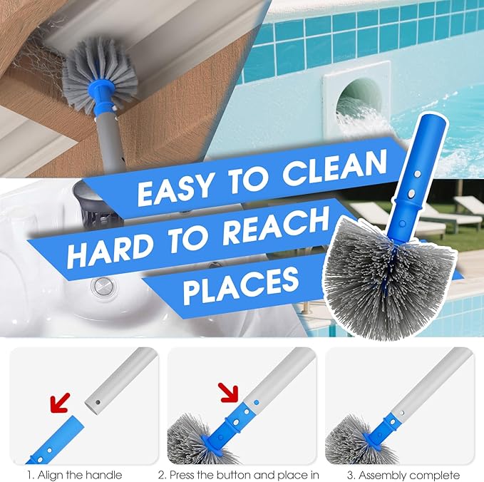 3-in-1 Pool Cleaning Kit Full Set - 18in Rounded End Pool Brush & Ergonomic Pool Vacuum Head with Wheels& Pool Nylon Net Fine Mesh for Above Ground In-ground Pools, Spas, Hot Tubs