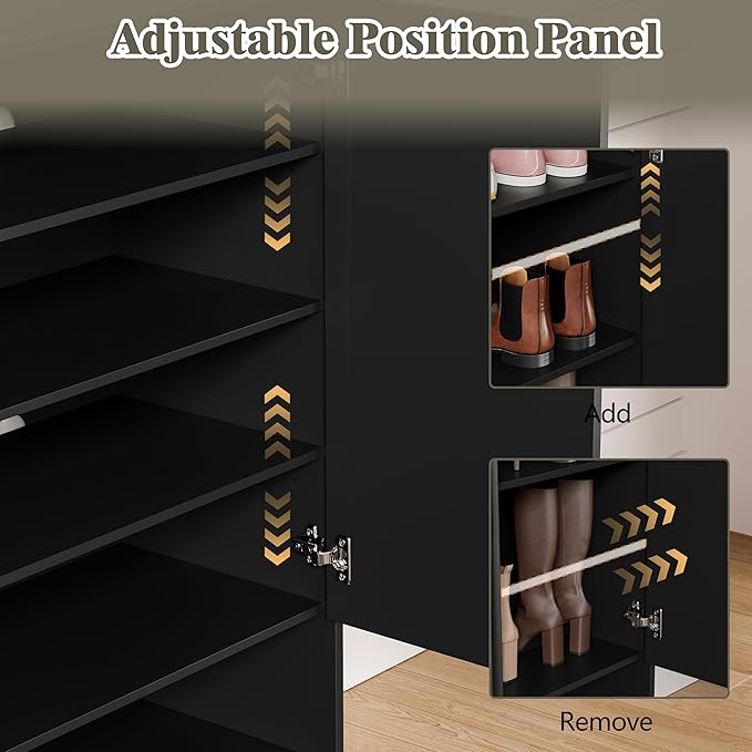 Shoe Cabinet Storage for Entryway with Doors, 5 Tier Fluted Shoe Organizer with Adjustable Shelves, Entryway Shoe Storage with Wooden Legs, Freestanding Hidden Shoe Rack for Front Door Entrance, Black