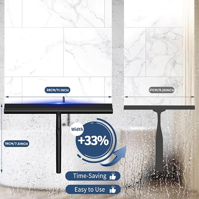 ecooe Silicone Shower Squeegee with Hanger, 11″/28cm Shower Squeegee for Glass Doors, Black Window Squeegee Scraper with Stainless Steel Core for Home Bathroom Kitchen Car Glass Doors