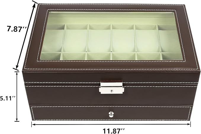 Ogrmar 12 Slot PU Leather Lockable Watch Storage Boxes, Men & Women Jewelry Display Drawer Case, 2-tier Organizer Watch Showcase with Glass Lid (Brown)