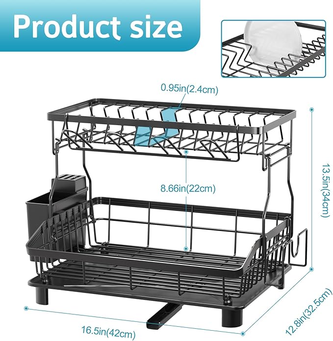 Ricobes Dish Drying Rack - 2 Tier Large Capacity Dish Rack- Dish Racks for Kitchen Counter with Drainboard, Rustproof Dish Drainer with Removable Utensil Holder,Cutting Board Holder,Cup Holder, Black