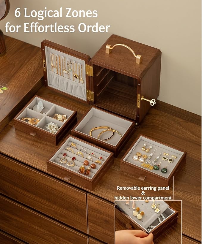 KINTNESS Wooden Jewelry Box With Key, 4 Layers Lockable Handheld Single Door Mirror-Flower Jewelry Box For Women Girls, Walnut Texture for Bracelet, Necklace, Ring
