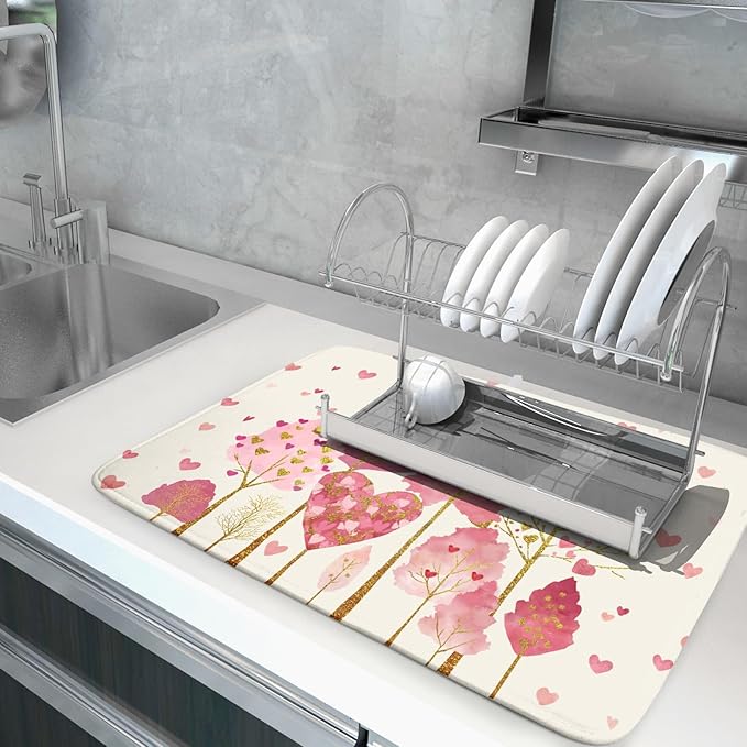 Valentines Day Pink Tree Dish Drying Mat for Kitchen Counter 24x18 Inch Heart Drying Mat with Absorbent Reversible Microfiber Love Dish Drainer Mats Rack Pad for Coffee Countertop Protector