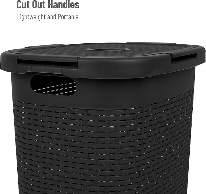 Mind Reader Slim Laundry Hamper with Lid, 60L Clothes Baskets, Premium Wicker Design, Plastic, 2-Pack, Black