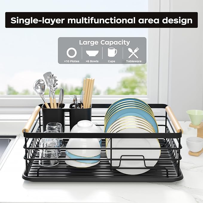 jouzevic Dish Racks for Kitchen Counter: Wooden Handles, Thickened Metal, No Assembly. Small Dish Drying Rack: Ideal for Small Households. Drying Rack Kitchen: Black
