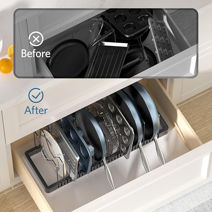 PanPanPal Pots and Pans Organizer under Cabinet, Expandable Pot Lid Organizer Holder with 10 Adjustable Compartment, Pan Organizers inside Cabinet for Lids, Bakeware, Kitchen Storage Pot Rack, Black