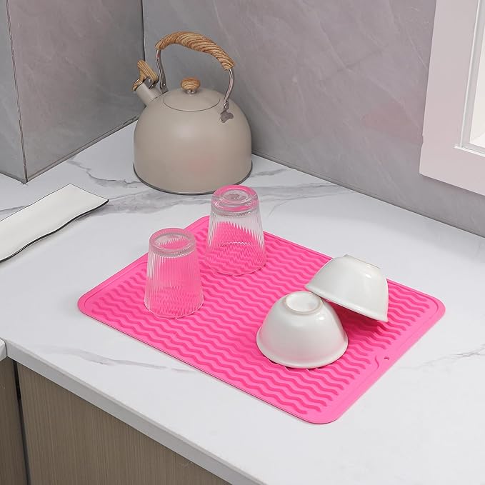 MicoYang Silicone Dish Drying Mat for Multiple Usage,Easy clean,Eco-friendly,Heat-resistant Silicone Mat for Kitchen Counter or Sink,Refrigerator or drawer liner Rose L 16 inches x 12 inches