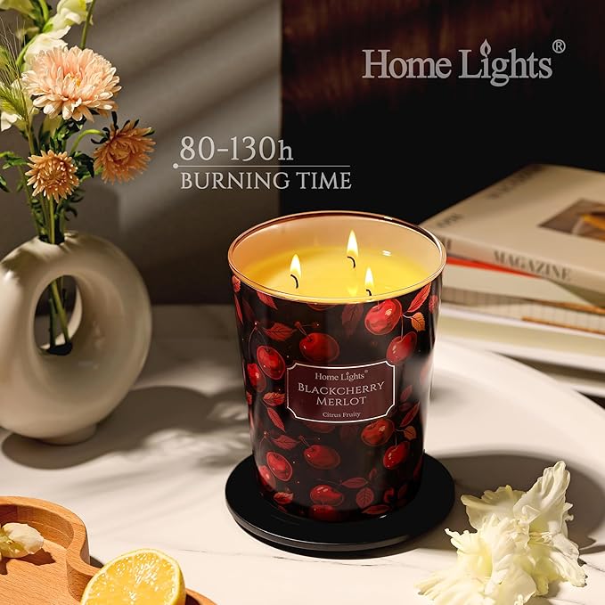 HomeLights Scented Candles | Large Jar 34 Oz Natural Soy Candle | 130 hrs Long-Lasting with 3 Wicks | Eclectic Mixed Styles Home Decor | Gifts for Mom & Women, Blackcherry Merlot