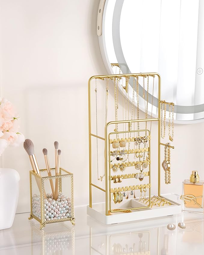 ProCase Jewelry Stand Holder Organizer, Jewelry Display Storage with Ring Tray, No-Assembly Needed, Rotating Earring Bracelet Necklace Holder, Christmas Gifts Room Dorm Decor for Teen Girls -Gold