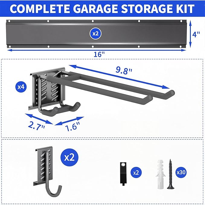CRXCRC Tool Organizer Wall Mount, 32inch Heavy Duty Garden Tool organizer Storage System, Easy Install With 6 Adjustable Hooks, For Garage, Basement, Shed, Workshop(Black)