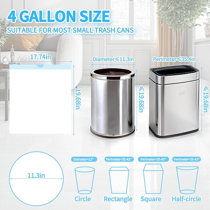 300 Count Small Trash Bags for 4-Gallon (15 L) Trash Cans, Thick Pre-separated Garbage Bags, Mini Wastebasket can Liners for Bathroom Bedroom Office(White)