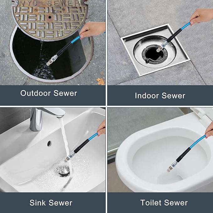 100 FT Sewer Jetter Kit for Pressure Washer, 5800PSI Water Jet Drain Cleaner Hose, 1/4 Inch NPT Corner with 4 Sewer Jetting Nozzles, Pearl Corsage Pin, Waterproof Tape, Handle Strap&2 Spanner (Blue)