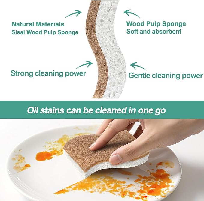 JiedHiur 12Pack Natural Kitchen Sponge, Biodegradable Cellulose and Coconut Scrubber, Eco Friendly Sponges for Dishes