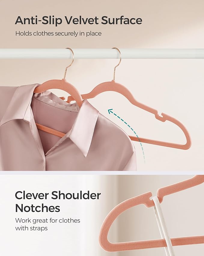 SONGMICS Velvet Hangers 50 Pack, Non-Slip Clothes Hangers, Suit Hangers with Shoulder Notches, Pants Bar, 360° Swivel Hook, Space-Saving, for Closet, Jelly Pink UCRF029PK05
