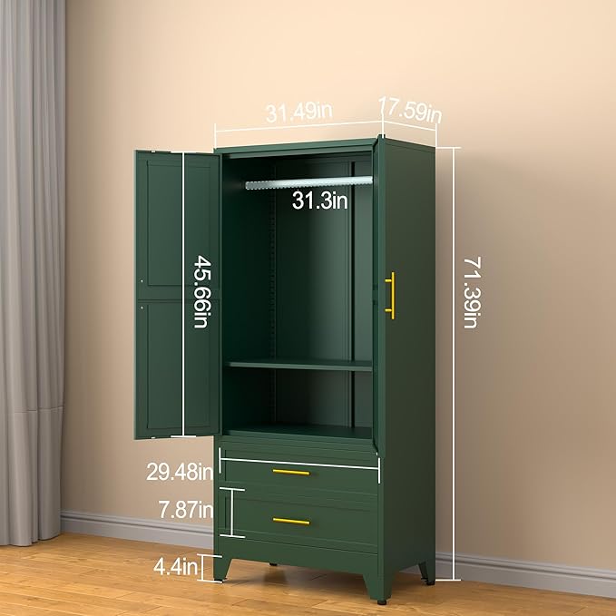 Metal Armoire Wardrobe Closet, 71 "Metal Clothing Storage Cabinet with Adjustable Shelves and Hanging Rod, Household Steel Wardrobe Storage Cabinet with Drawers (armoire-Green)