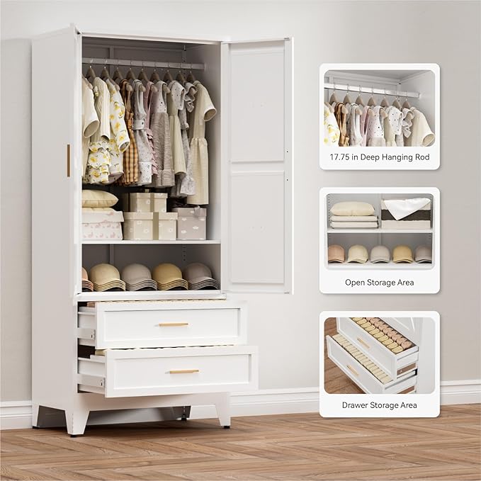 COFaR Metal Wardrobe Closet with Doors, 71'' Tall Farmhouse Bedroom Armoires with Drawers and Hanging Rod, Freestanding Steel Wardrobe Cabinet Coat Closet for Bedroom Home Office Garage, White
