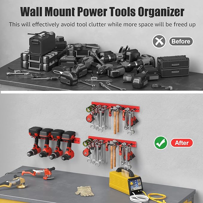 CCCEI 3 Modular Pegboard Strip Storage, Metal Peg Slat Wall Mount for Garage, Basement, Garden, Laundry Room Organization. Flexible Tool Organizer for Rake, Shovels, Crafting. Gifts for Men, Red.