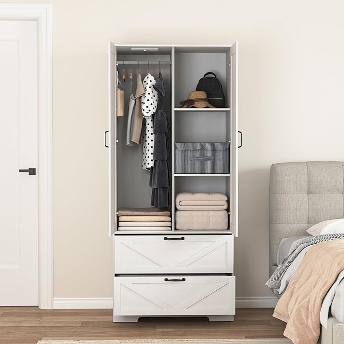 Armoire Wardrobe Closet with Mirror and 2 Drawers, 72'' Bedroom Armoire Wardrobe Cabinet with Hanging Rod and Light,Wooden Bedroom Closet with Adjustable Shelf