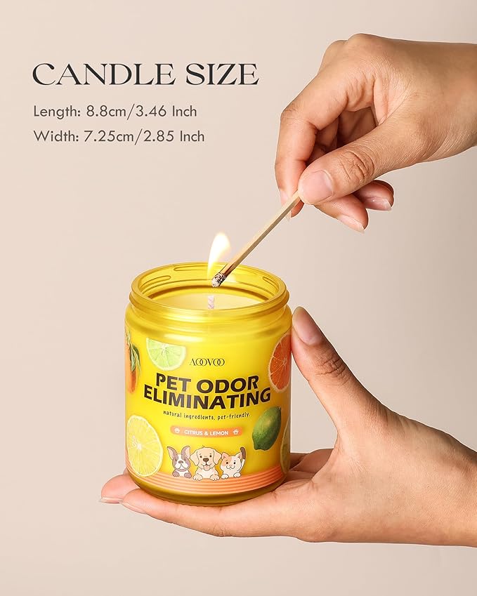 AOOVOO 2 Pack Citrus Lemon Pet Odor Eliminating Highly Fragranced Candle - Eliminates 95% of Pet, Smoke, Food, and Other Smells Quickly, Air Freshing Soy Candle