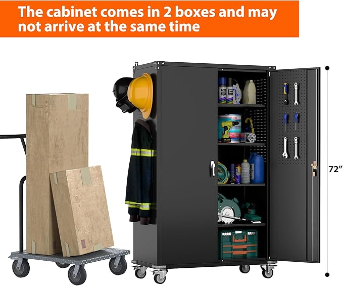 Black Metal Garage Cabinets with Wheels, 72.05” Lockable Rolling Storage Tool Cabinet with Wheels with Shelves&Pegboard&Hooks for Home Utility Room Warehouse, Assembly Required, Black
