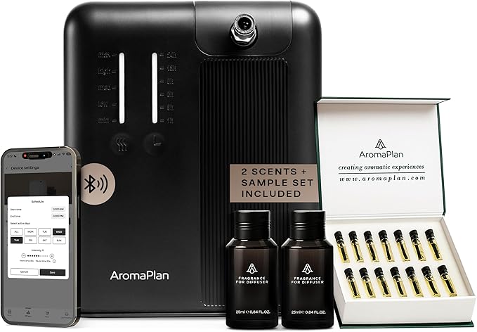 AromaPlan 5 Star Collection Cold Air Scent Diffuser, Whole House (Includes 2 Fragrances & 12 Set Sample kit) - Smart Scent Diffuser, HVAC System- Touch & App, 2000 Sq. Ft Cov. (Black)