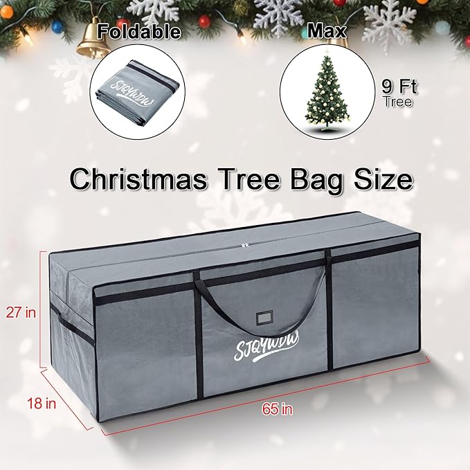 Christmas Tree Storage Bag 9ft, Heavy Duty Artificial Xmas Bag with Reinforced Handles, Dual Zippers Wide Opening, Two Mesh Pockets, PE Large Storage Container for Decorations Trees (Grey)