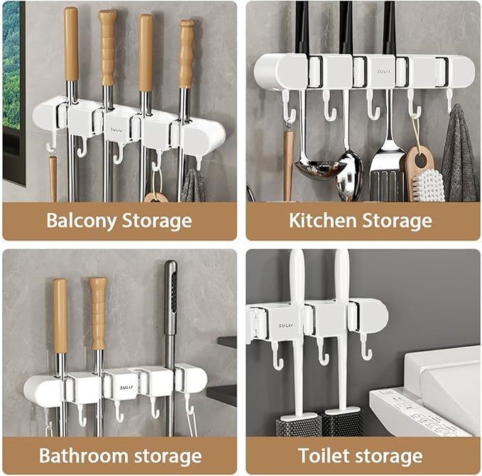 3PCS Broom Holder Wall Mount, No-Drilling Self-Adhesive Mop and Broom Storage Rack (4 Racks with 5 Hooks),Wall-Mounted Broom Hanger for Bathroom, Kitchen, Closet, Garage, White