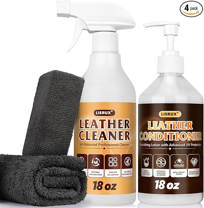 LISRUX Leather Cleaner and Conditioner Kit-2×18oz Leather Care For Car Seats, Furniture, Couches, Shoes & Boots, Restores & Protects All Leather For Natural, Synthetic, Faux, Pleather, pH-Balanced