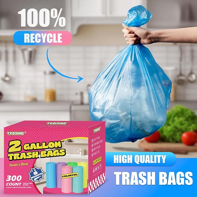 T.FORING 300 Count 2 Gallon Trash Bags - 7.5 Liter Colored Small Garbage Bags Unscented Wastebasket Liners Heavy Duty & Leakproof Mini Can Liners for Bathroom Office Home Car