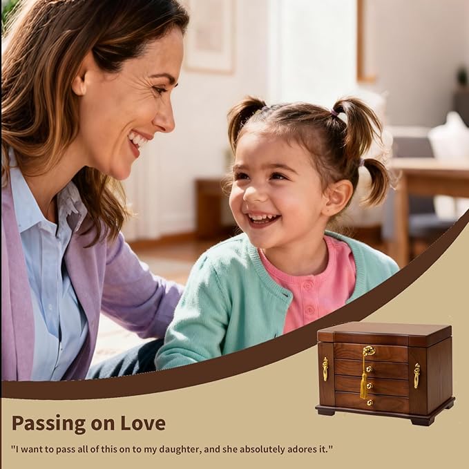 Kinsuite Black Walnut Jewelry Box - 4-tie Mirror & Multiple Drawers Handcrafted Solid Wood Treasure Chest for Women, Floral-Inspired Storage Organizer