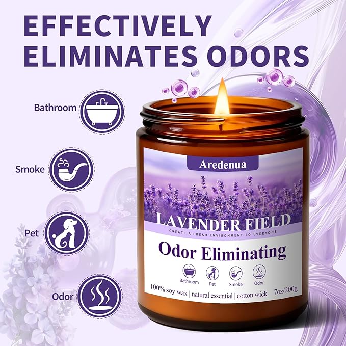 Lavender Odor Eliminating Candles | Eliminates 95% of Pet, Bad Smell & Bathroom Odors – 7oz Hand Poured Soy Candle - Aromatherapy Stress Relief Scented Candles - Relaxing Gifts for Calm & Fresh Homes
