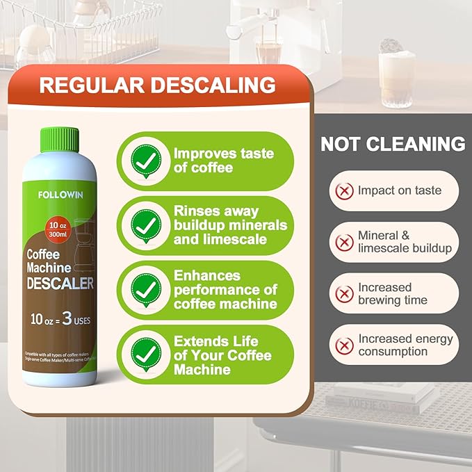 FOLLOWIN Coffee Machine Cleaner and Descaler,Espresso Coffee Maker Cleaner(2 Pack & 6 Uses),Descaling Solution for Espresso Machines and Single Use Coffee Maker