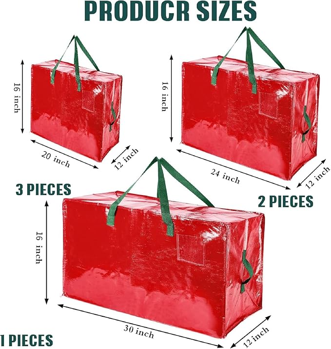 Shappy 6 Pcs Heavy Duty Christmas Storage Bags Extra Large Ornaments Container Moving Bags Xmas Decoration Organizer Storage Bag(red,30 x 16", 24 x 16", 20 x 16")