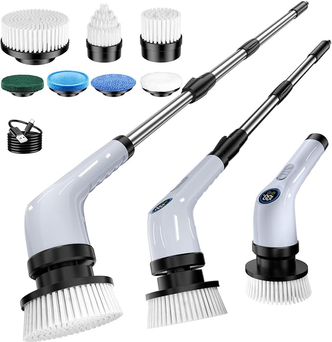 Electric Spin Scrubber Upgraded Battery with Extra-Long Runtime, IPX7 Waterproof Power Cleaner with 7 Brush Heads, 2 Speeds Adjustable Long Handle for Bathroom, Floor, Shower