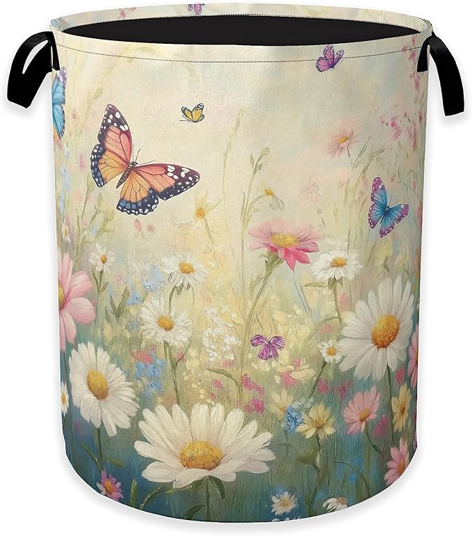Spring Flowers Laundry Hamper,Watercolor Garden Wildflower Butterfly Collapsible Laundry Baskets,Waterproof Oxford Cloth Laundry Room Organization for Bedroom,Bathroom,Nursery,16x20 Inch