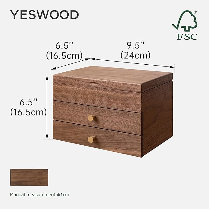 YESWOOD Jewelry Box Organizer, North America Black Walnut Wood Jewelry Boxes with 3 Drawers for Women for Storage & Display of Necklaces, Rings, Earrings, and Bracelets