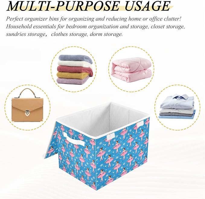 Christmas Ballet Dancer Snowflake Storage Bins with Lids Foldable Storage Basket with Handles Collapsible Large Fabric Organizer Containers for Clothes Shelves Closet Office Home