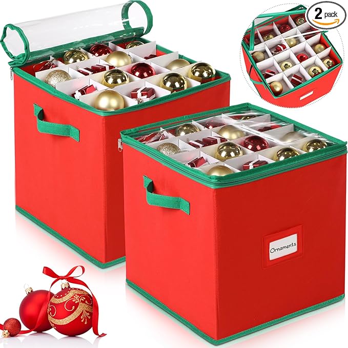 Chengu 2-pack Christmas Ornament Storage Stores up to 64 Christmas Ball Accessories Holder with Adjustable Dividers, Zippered Closure Two Handles for Holiday Ornaments and Xmas Decorations(Bright Red)