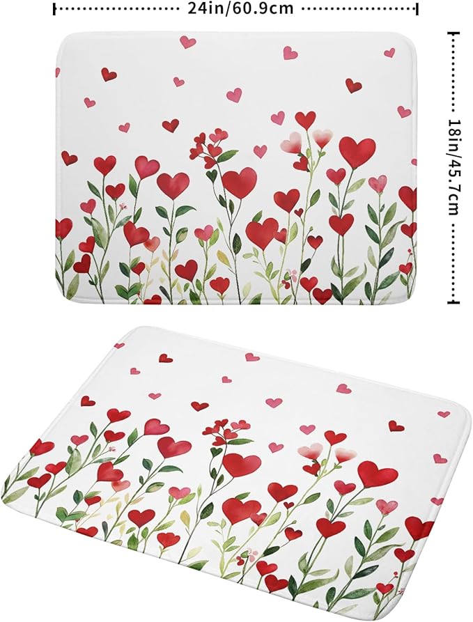 Valentines Day Dish Drying Mat for Kitchen Counter 24x18 Inch Green Red Heart Drying Mat with Absorbent Reversible Microfiber Holiday Love Dish Drainer Mats Rack Pad for Coffee Countertop Protector