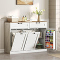 Double Tilt Out Laundry Hamper Cabinet, 43.3" Laundry Storage Cabinet with 2 Removable Baskets, Farmhouse Wooden Hidden Trash Bin Cabinet with Open Shelving, for Bathroom, White and Walnut